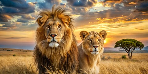 A Majestic Lion and Lioness Gaze Into the Sunset, Their Golden Manes Gleaming in the Warm Light, Surrounded by Tall Grass