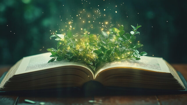 The Book of Growth: A captivating image of an open book with lush green foliage sprouting from its pages, illuminated by ethereal golden light, evokes a sense of magic, knowledge, and potential.  