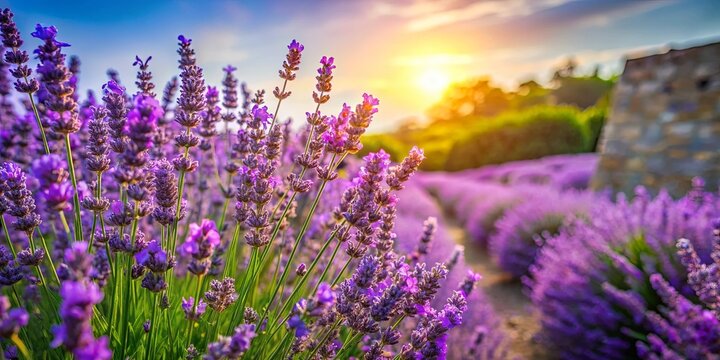 A field of purple lavender blossoms bathed in the golden glow of a setting sun, creating a scene of vibrant beauty and tranquility.