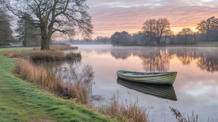 Serene Morning Boating Scene by Tranquil Water and Misty Landscape