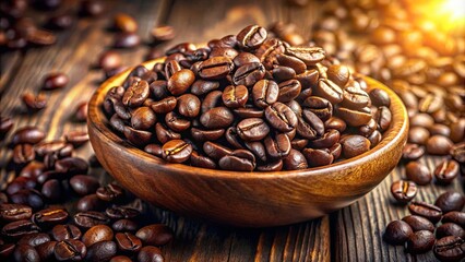 Fototapeta premium A Rustic Wooden Bowl Overflowing with Aromatic Coffee Beans, Their Rich Brown Hues Enhanced by a Warm Light