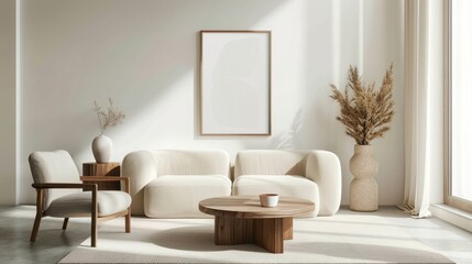 Creative composition of living room interior with mock up poster frame, beige sofa, wooden coffee table, rounded shapes armchair, vase with rowanberry and personal accessories. Home decor. Template.