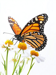 Fototapeta premium A vibrant monarch butterfly rests gracefully on blooming daisies, capturing the beauty of nature.