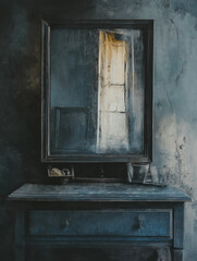 Broken Mirror on Rustic Vanity: Soft Reflections of Time