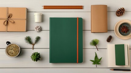 Flat Lay Minimalist Green Notebook and Craft Supplies
