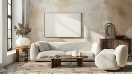 Creative composition of living room interior with mock up poster frame, beige sofa, wooden coffee table, rounded shapes armchair