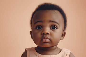 Close up of a baby with a sad expression on a soft peach background