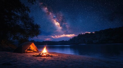 Campfire on beach at night under starry sky with tent.