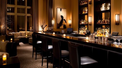 Luxurious bar interior at night with comfortable seating and extensive liquor selection.