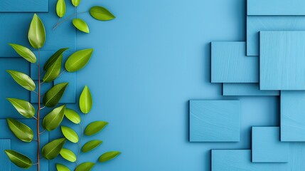 Fototapeta premium Abstract Green Branch with Blue Geometric Pattern Background