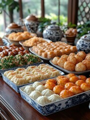 A vibrant display of various traditional Chinese pastries and dim sum.