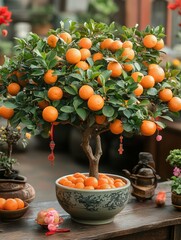 A vibrant orange bonsai tree with ripe fruit, perfect for festive decorations.