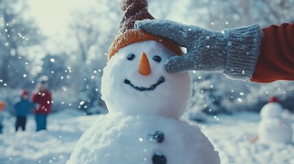 A Snowy Christmas Morning, Hands Adorn a Snowman with a Carrot Nose, Families Share Joyful Moments Building Together in a Winter Wonderland