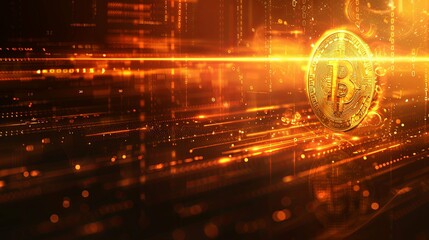 Obraz premium Glowing Bitcoin cryptocurrency coin on a digital data stream background.
