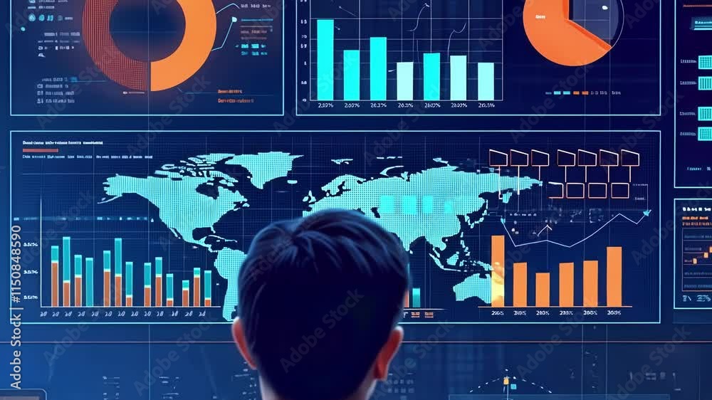 Poster office worker monitoring real time data changes on several computer screens, displaying charts, grap