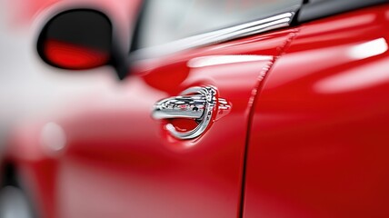 Fototapeta premium Red car door with shiny chrome handle in focus