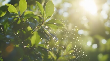 Close-Up of Green Leaves with Sunlight Glimmering Through, Showcasing a Delicate Spider Web Adorned with Morning Dew Drops in a Serene Natural Setting