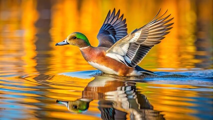 A vibrant autumnal reflection of a duck taking flight from tranquil water