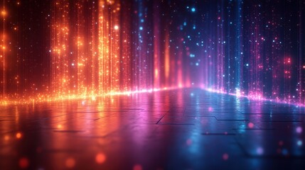 Abstract vibrant light streaks on dark reflective floor.