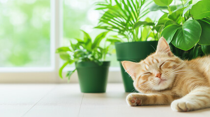 Cat Napping Among Plants: A ginger tabby cat finds peace and tranquility nestled amongst lush houseplants, basking in the soft glow of a sunlit window.