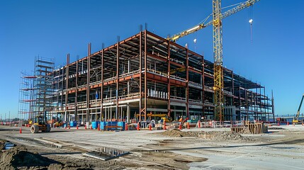 Fototapeta premium Steel Frame of a Large Building Under Construction with Cranes and Scaffolding