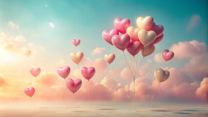 Fototapeta premium Heart-shaped balloons ascend into a dreamy, pastel sky, a romantic scene of love and affection.