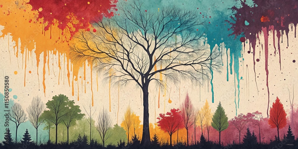 Poster a painting of a tree with a rainbow background