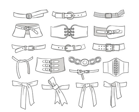Set of belts. Linear symbols and icons with waistband and drawstrings to emphasize waist on dresses, tops and blouses. Stylish accessory. Outline vector illustration collection