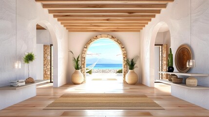 Island Charm: A Greek-Inspired Entrance Hall Design with Distinctive Doorway