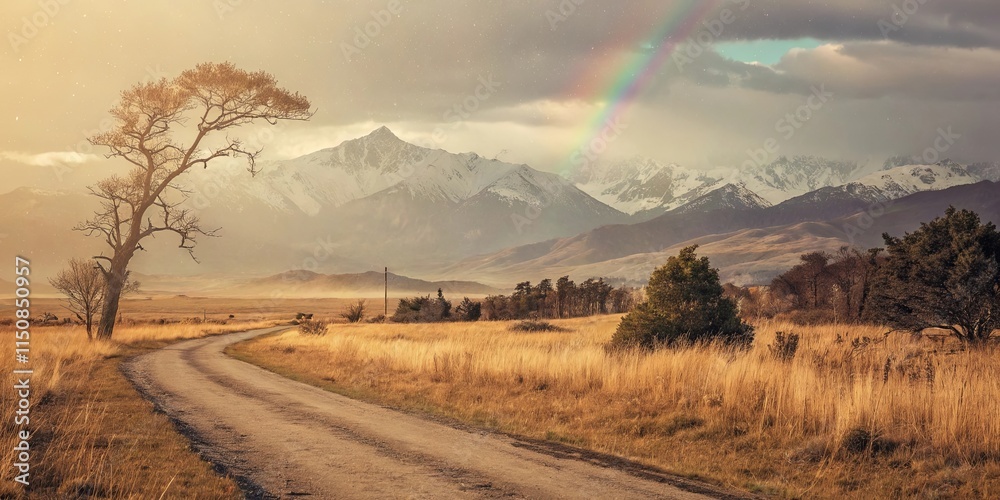 Poster a road in the middle of a field with a rainbow in the sky