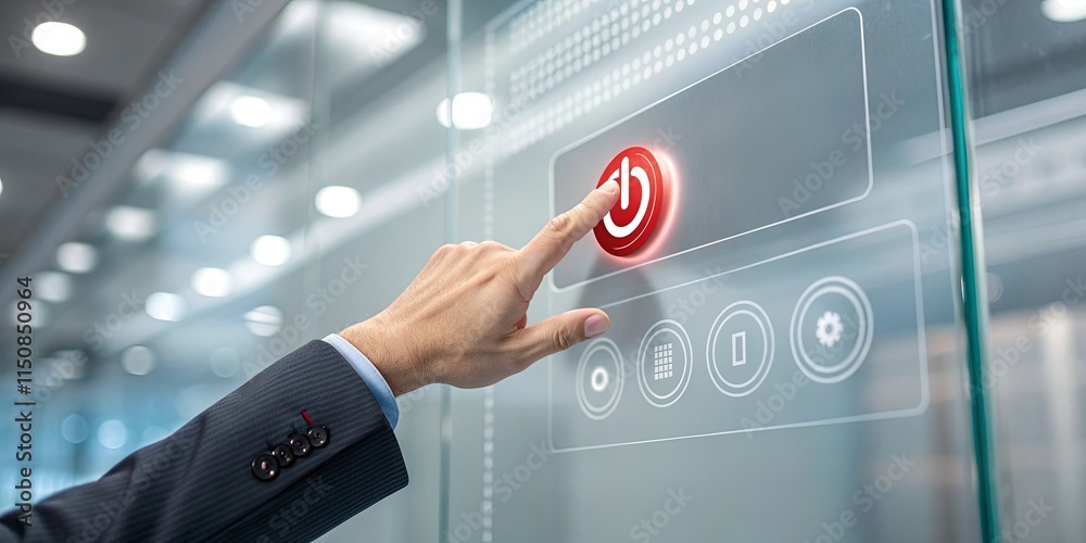 Poster A man is pressing a button on a screen