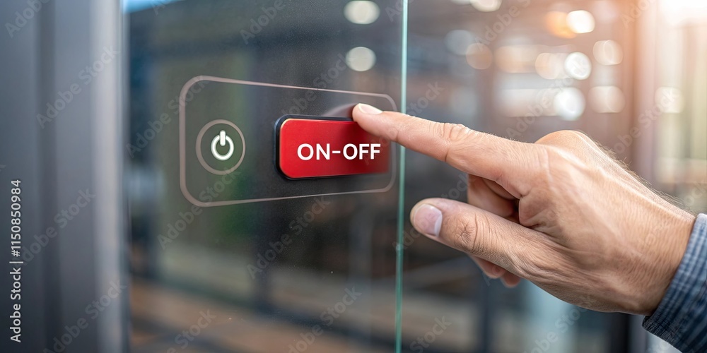 Aufkleber A person is pointing at a red button that says 