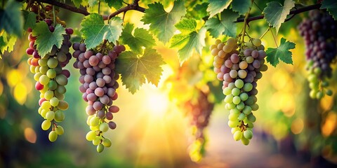 Fototapeta premium Sunlit Clusters of Ripe Grapes Hanging from Vine