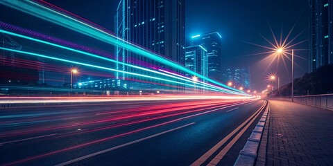 A city street at night with a bright light shining on the road