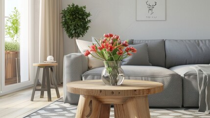 Fototapeta premium Flowers in wooden table in front of grey settee in modern simple apartment interior with stool