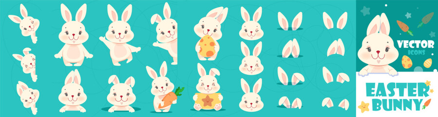 Easter bunny icon set. Stickers with charming white rabbit expressing different emotions. Bunny or hare holding carrot and Easter egg. Cartoon vector illustration collection