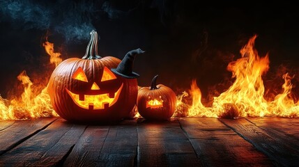 Burning Halloween Pumpkins on Wooden Background