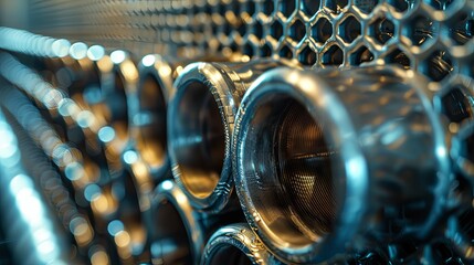 Close-up of metallic tubes and honeycomb lattice structure, industrial detail.