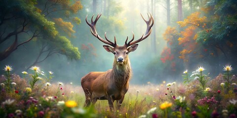 Majestic stag standing in a sunlit meadow amidst wildflowers and a misty autumn forest