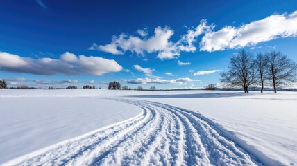 Snowy landscape with winding path and bare trees under blue sky clouds