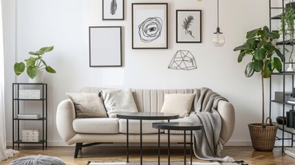 Gallery of posters on white wall in living room interior with beige sofa, ficus and black table