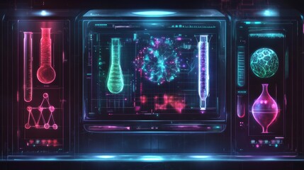 Futuristic Laboratory Interface with Neon Elements, Scientific Glassware, and Molecular Structures Displayed on a High-Tech Screen for Research and Innovation Purposes