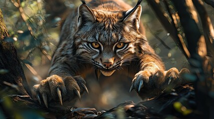 a lynx growling with its sharp claws extended, crouching low in the underbrush