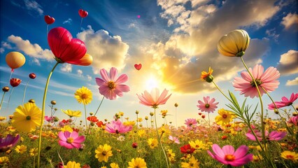 Fototapeta premium Heart-shaped balloons ascend above a vibrant field of cosmos flowers bathed in the golden light of a breathtaking sunset.