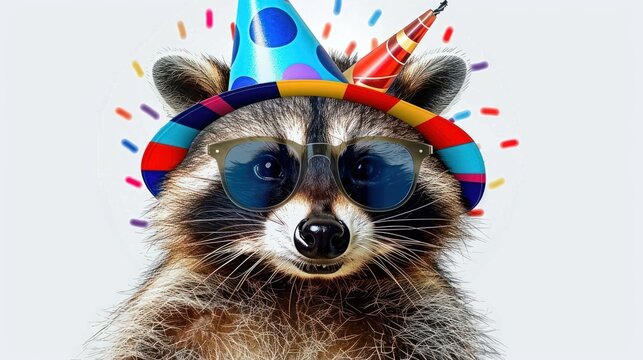 Party Raccoon in Colorful Hat and Sunglasses - Vintage Greeting Card Design for Festive Occasions