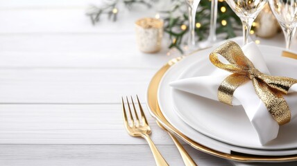 Elegant holiday dining setup with golden accents and festive decor