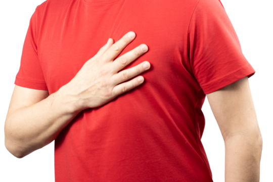A man wearing a red T-shirt is shown holding his chest with one hand, expressing discomfort or pain. The gesture suggests possible chest pain, heart problems, or emotional distress. The close-up shot  - Powered by Adobe