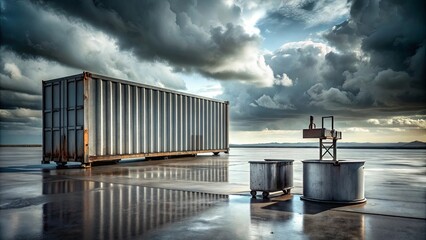 Obraz premium Industrial Cargo Container on a Wet Dock Under a Dramatic Sky
