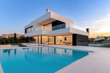 Fototapeta premium Sunset Oasis: Minimalist Cubic Villa with Pool