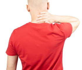 A man wearing a red T-shirt is shown from the back, holding his neck with one hand, indicating discomfort or pain. His posture suggests muscle tension, stiffness, or conditions like fibromyalgia. The 